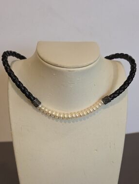 Pearl Bead & Black Braided Leather Choker Necklace Silver 925 Clasp 14"